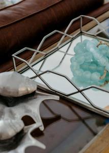 uma mesa de vidro com um crânio e uma pedra em Eden View Cottage, Sheffield Beach em Sheffield Beach