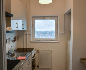 a small kitchen with a sink and a window at Bálint Apartman - In the heart of Miskolc in Miskolc