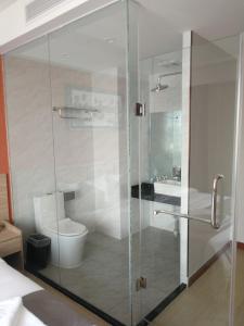 PACI Hotel&SPA في سيهانوكفيل: حمام مع دش مع مرحاض ومغسلة
