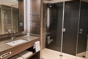 a bathroom with a shower, sink, and mirror at Steigenberger Hotel de Saxe in Dresden