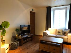 a living room with a couch and a tv at Maison Flo in Houffalize