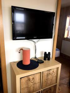 einen Flachbild-TV auf einem TV-Stand in der Unterkunft Fögruvallakot Cabin in Hella