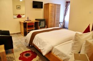 a bedroom with a bed and a desk and a television at Eden Vale Hotel in Ajiringano
