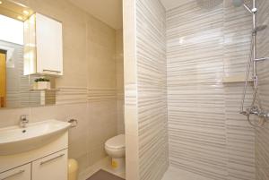 a bathroom with a shower with a sink and a toilet at Vila Nova with private heating pool and jacuzzi in Zavojane +19 photos