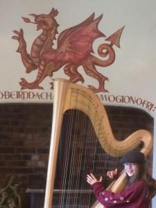 a woman playing a harp with a dragon on the wall at Cwmllechwedd Fawr CYF in Llanbister