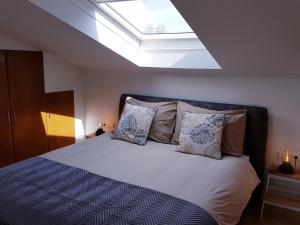 a bedroom with a large bed with a skylight at Baker's Pond Loft Apartment in Velden am Wörthersee