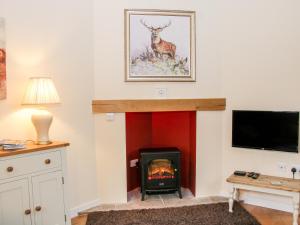 sala de estar con chimenea y TV en Oakland Cottage, en Craven Arms