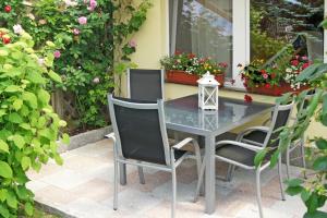 a glass table and chairs on a patio with flowers at Ferienhaus Ursula in Malchow