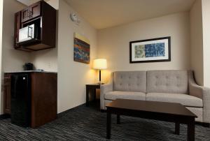 a living room with a couch and a table at Holiday Inn Express & Suites Omaha South Ralston Arena, an IHG Hotel in Omaha