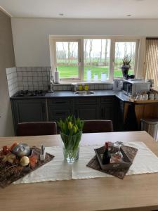 De BultにあるSkoallehus vakantiewoningのキッチン(木製テーブル、カウンタートップ付)