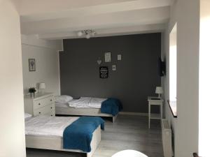 sypialnia z 2 łóżkami i czarną ścianą w obiekcie Apartamenty Szabla Bydgoszcz 1 w Bydgoszczy