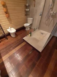 W łazience znajduje się prysznic, toaleta i umywalka. w obiekcie chambres chez annick w mieście Samadet