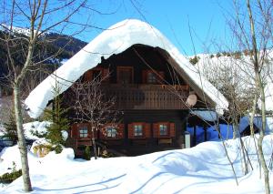 eine große Blockhütte mit Schnee auf dem Dach in der Unterkunft Ferienhaus Bettina Rassis Feriendorf Donnersbachwald in Donnersbachwald