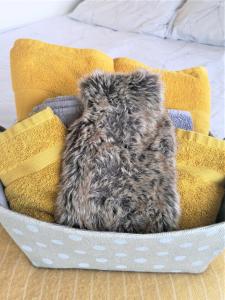 a dog sitting in a dog bed on a bed at Heritage City - The Auld Pottery in Edinburgh