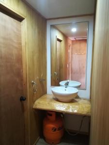 a bathroom with a sink and a mirror at Cabañas Tela in Lonquimay