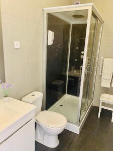 a white bathroom with a shower and a toilet at Urban Apart - Azores in Ponta Delgada