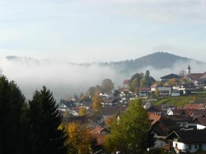 eine Stadt im Nebel mit Häusern und Bäumen in der Unterkunft Landhaus Meine Auszeit in Bodenmais