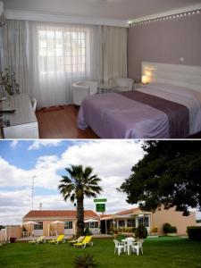 a bedroom with a bed and a house with a palm tree at VILA FORMOSA AL-Estabelecimento de Hospedagem,Quartos-Rooms in Monte Gordo