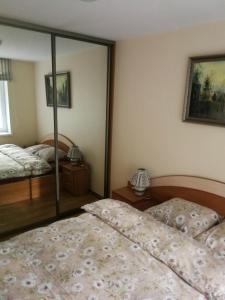 1 dormitorio con 2 camas y espejo en Family-friendly 2 rooms apartment with view to a forest, en Juodkrantė