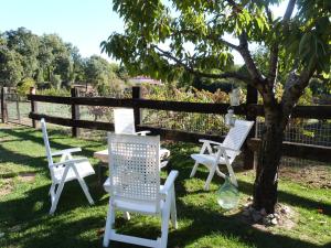Los MarinesにあるHuerto Los Castañosの白い椅子3脚と木の下のテーブル