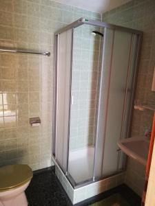 a bathroom with a shower with a toilet and a sink at Appartement Raggl in Jerzens
