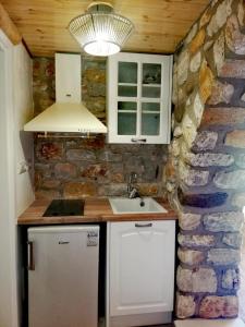 - une cuisine avec un évier et un mur en pierre dans l'établissement Delfinaki Lionas Boutique Apartments, à Lionas