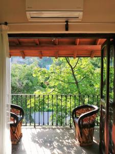 a balcony with two chairs and a view of a tree at Ceiba Studios in Zihuatanejo