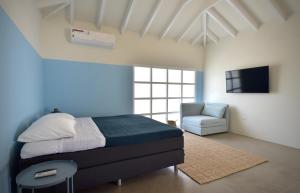 a bedroom with a bed and a tv and a chair at Koeriboeri Aruba Lodges in Babijn