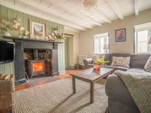 a living room with a couch and a fireplace at Bwthyn Dyfi in Machynlleth