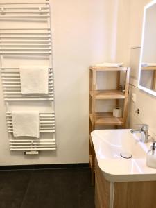 a bathroom with a sink and a mirror and towels at Ferienwohnung zu Weimar in Weimar