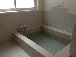 a bathroom with a bath tub with a window at Lodge Skade in Omachi