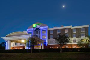 a hotel building with a blue lighted sign on it at Holiday Inn Express Hotel & Suites Tampa-Fairgrounds-Casino, an IHG Hotel in Tampa