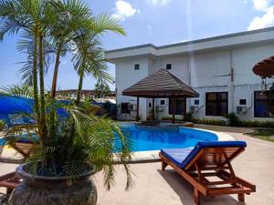 a palm tree in a pot next to a pool at Discover Boracay Hotel in Kalibo