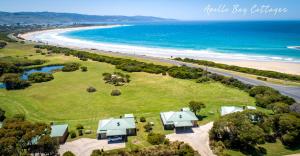 
a beach scene with a large body of water at Apollo Bay Cottages in Apollo Bay
