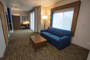 a living room with a blue couch and a table at Holiday Inn Express Hotel & Suites Roseville - Galleria Area by IHG in Roseville