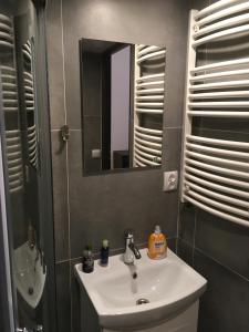 a bathroom with a sink and a mirror at City Space Apartments in Krakow