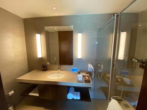 La salle de bains est pourvue d'un lavabo et d'une douche. dans l'établissement Marasa Sarovar Premiere, Bodhgaya, à Bodh Gaya