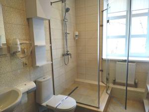 a bathroom with a toilet, sink, and shower stall at Hotel Business Apartments in Dnipro