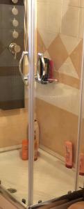 a shower with a glass door in a bathroom at Villa Argie in Néa Epídhavros