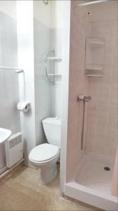a bathroom with a toilet and a sink and a shower at Réf 272,Seignosse océan, Villa Patio à 150m de la plage, avec place de parking et piscine commune , 4 personnes in Seignosse