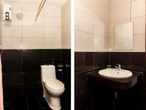 two pictures of a bathroom with a toilet and a sink at Marine Bay Hotel in Sandakan