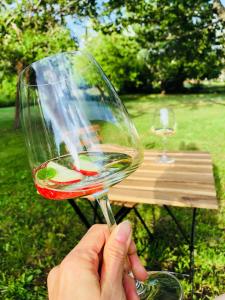 a person holding up a glass of wine at Obstgarten Mörlunda, 5 min zum Badesee, Småland, Sauna in Mörlunda