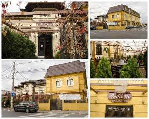 un collage de cuatro fotos de casas y edificios en Venus Plaza Apartment Ploiesti en Ploieşti