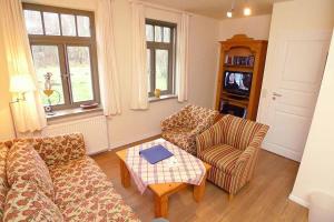 a living room with a couch and a table at Ferienhaussiedlung Strandperlen Sanddornhof 8b (Typ IX) in Wustrow