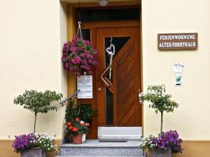 a front door of a building with pots of flowers at Altes Forsthaus in Bad Peterstal-Griesbach