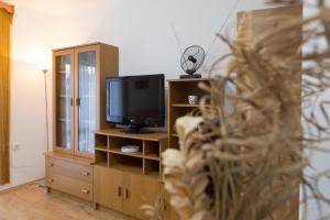 a living room with a tv and a wooden cabinet at Apartman Eva Maria in Otočac