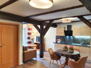 a kitchen and living room with a table and chairs at Apart Hotel Wernigerode in Wernigerode