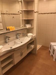 La salle de bains est pourvue d'un lavabo et d'une douche. dans l'établissement Hotel Seehof, à Sankt Georgen am Längsee