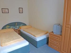 1 dormitorio con 2 camas y TV. en Villa Seestern _ Wohnung 2, en Neuhof