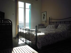 a bedroom with a bed and a large window at Blue Dolphin in Batsi